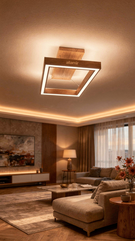 چراغ سقفی چوبی مدرن با نورپردازی LED